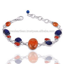 Sponge Coral And Coral With Lapis Gemstone 925 Sterling Silver Bracelet